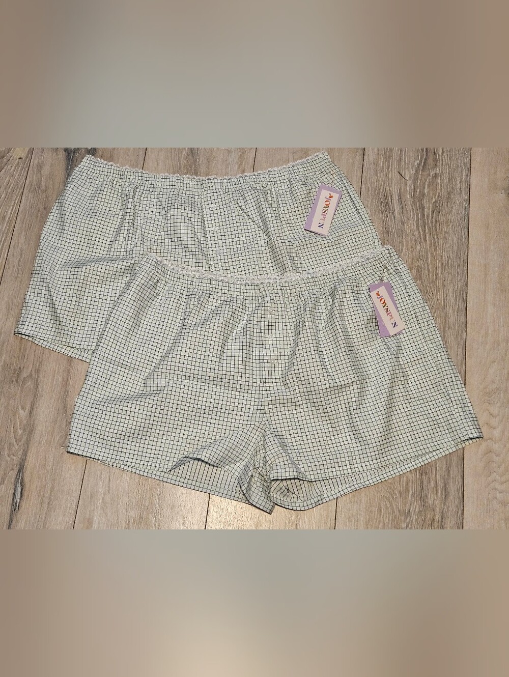 NWT Joyspun Women's XL (16-18) Woven Sleep Shorts Set 2-Pack Grid White Mint